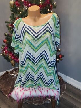 a.n.a Green & Navy Chevron Scoop-Neck Tunic Sharkbite Hem 1X